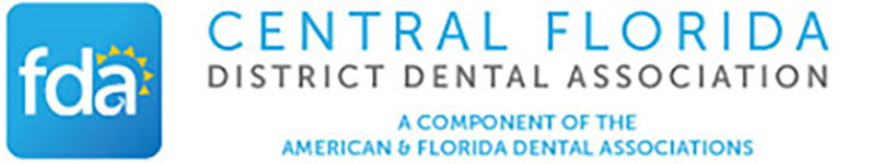 The image displays a logo with text, featuring a design element resembling a shield with a central emblem and a ribbon at the bottom, along with the name Central Florida District Dental Association and other related information.